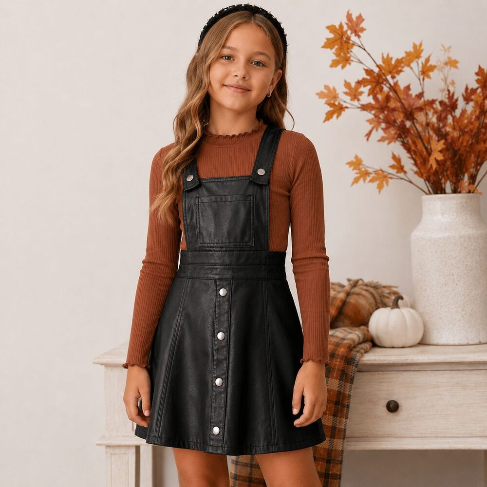Wonder Nation Girls Black Faux Leather Overall Jumper Dress Size M 7-8
